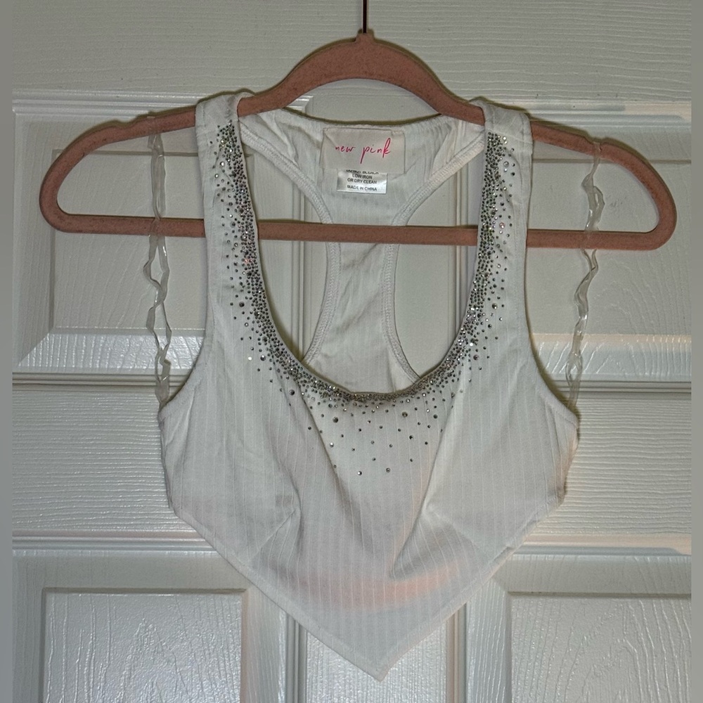 SET - White Embellished Racerback Tank Top and Mini Skirt Set